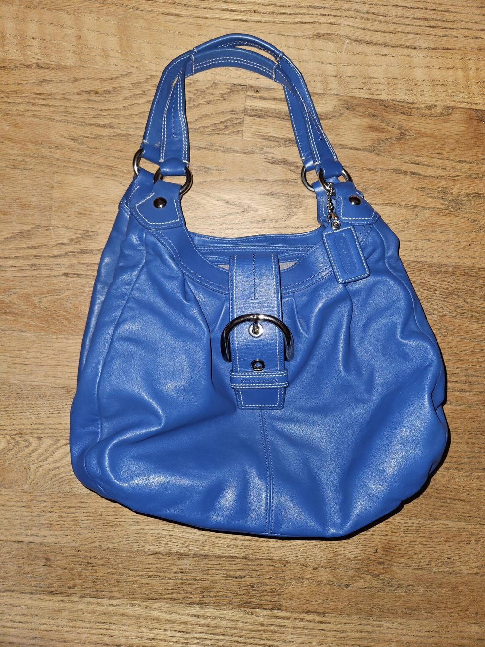 Coach Blue Leather Buckle-Front Hobo Shoulder Bag
